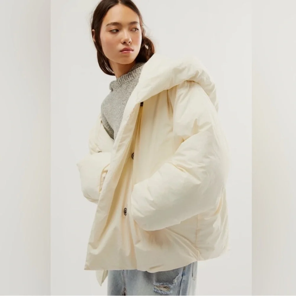 Free People Womens Winter Hooded Puffer Coat Cloud Dancer White Ivory Small - Picture 7 of 11